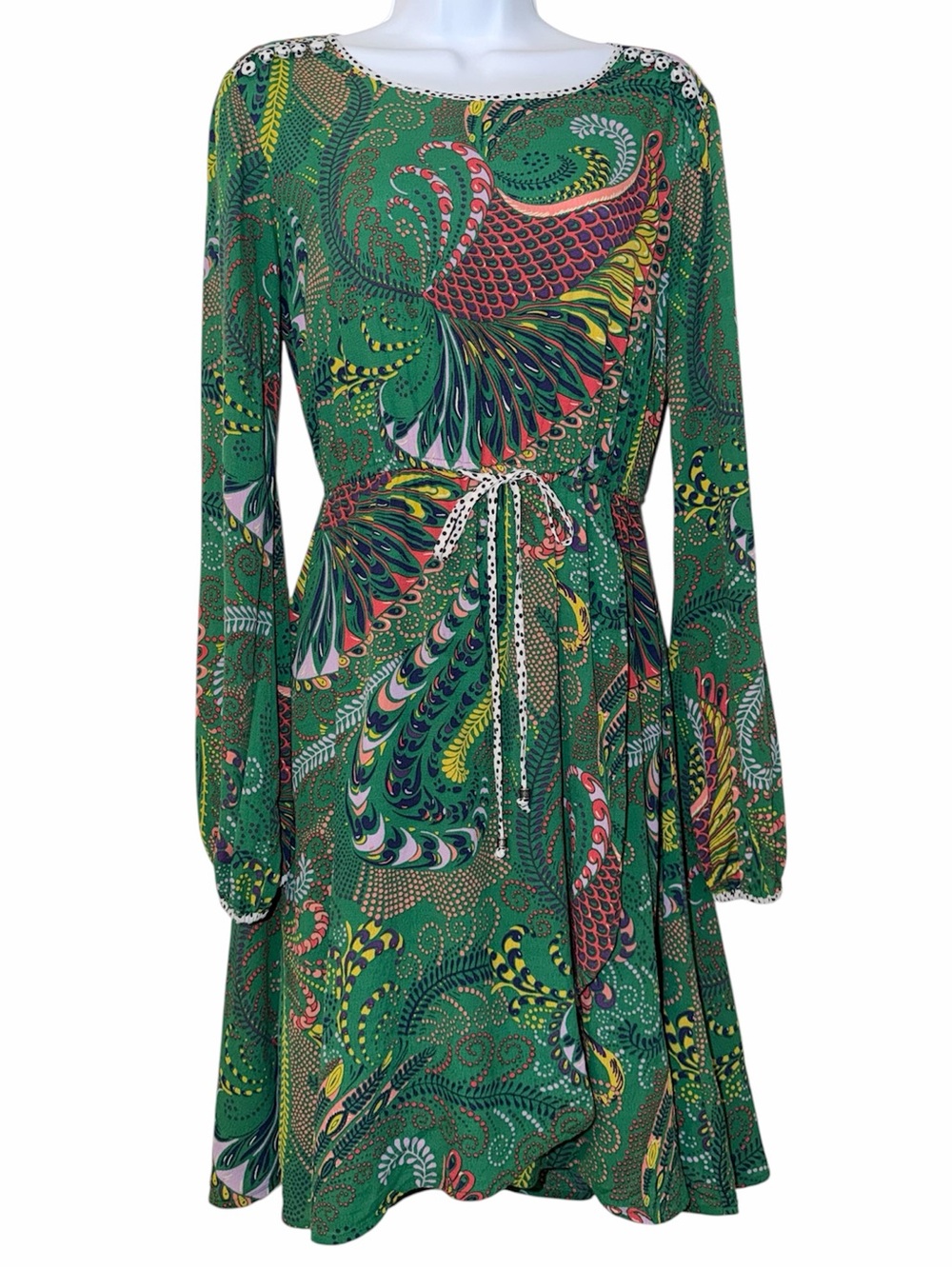 Maeve Anthropologie Green, Pink Paisley Print Tie Long Sleeve Size 2